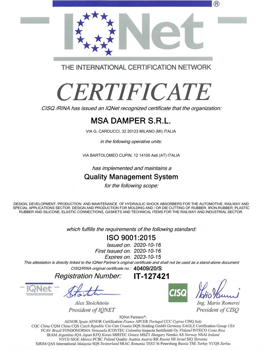 Certifications MSA Damper